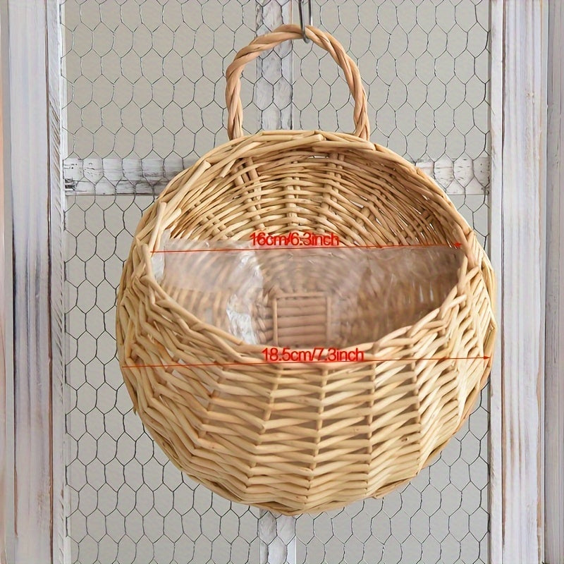 Nutshell rustic wall hanging planter made of woven wicker with a sturdy handle for home decor