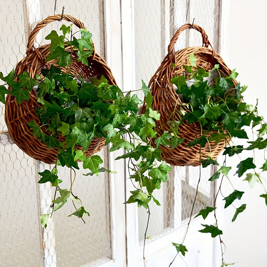 Two rustic wall hanging planters made of woven wicker with green ivy plants cascading down