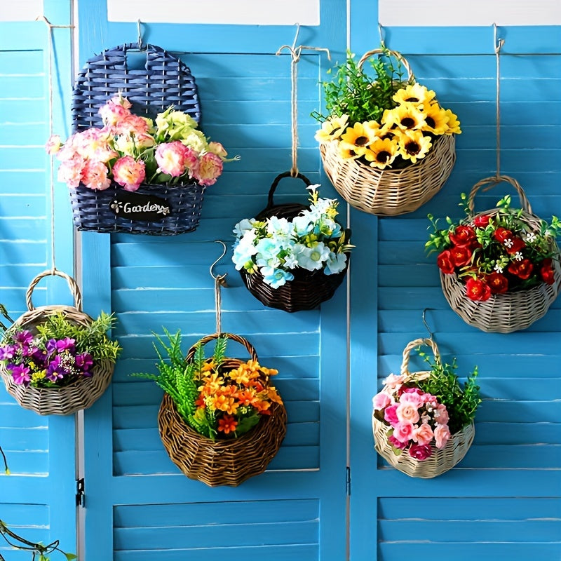 Rustic wall hanging planter with assorted flowers displayed on a blue wall for home decor