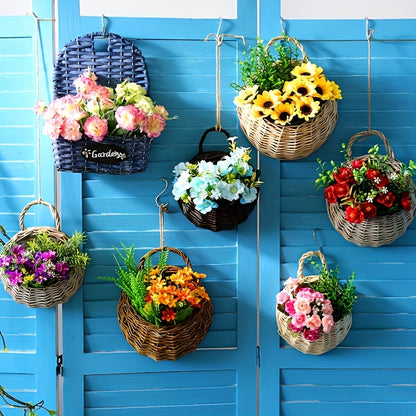 Rustic wall hanging planter with assorted flowers displayed on a blue wall for home decor