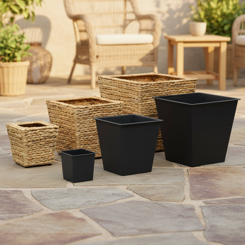 Set of rustic water hyacinth planters in various sizes for indoor and outdoor decor