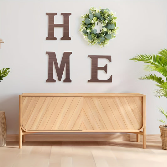 Stylish rustic wooden home sign displayed on a modern wall above a light wood storage unit