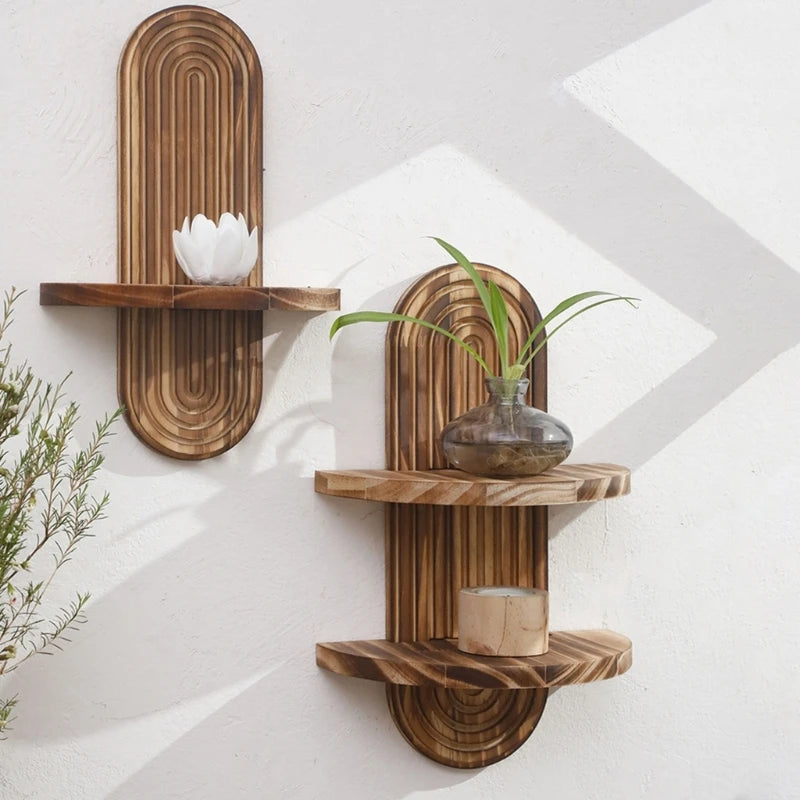 Nutshell wooden wall shelf set of two rounded vertical shelves in natural wood with plant and decor