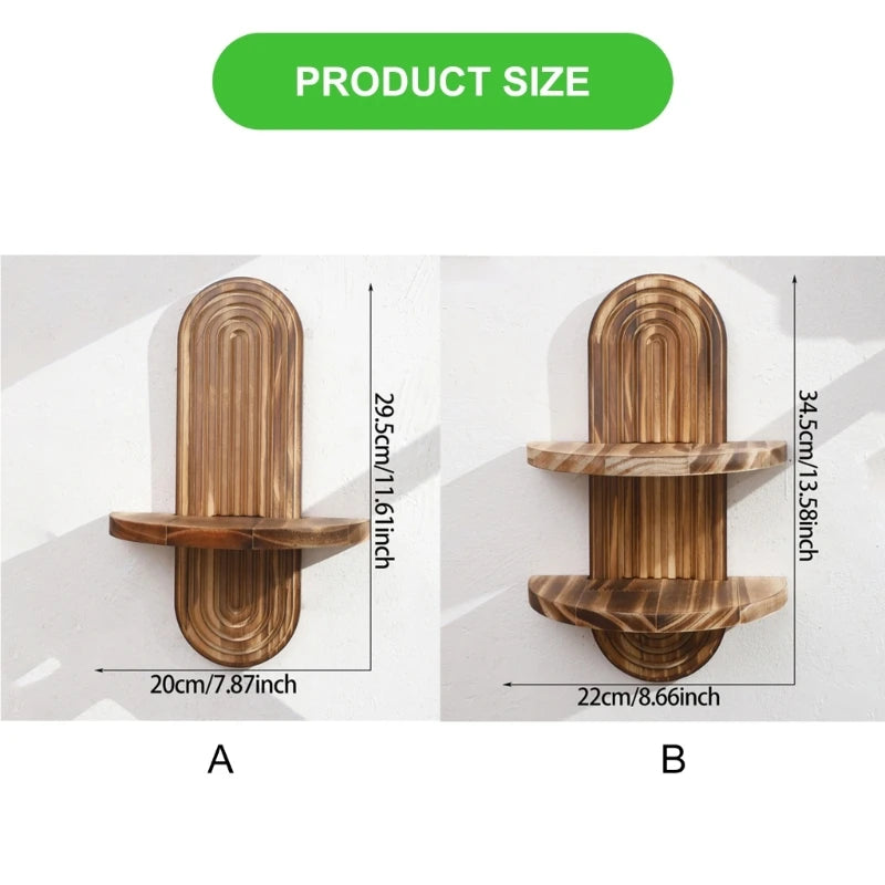 Nutshell wooden wall shelf showing two arched styles single shelf 29.5 cm high and double tier 34.5 cm high