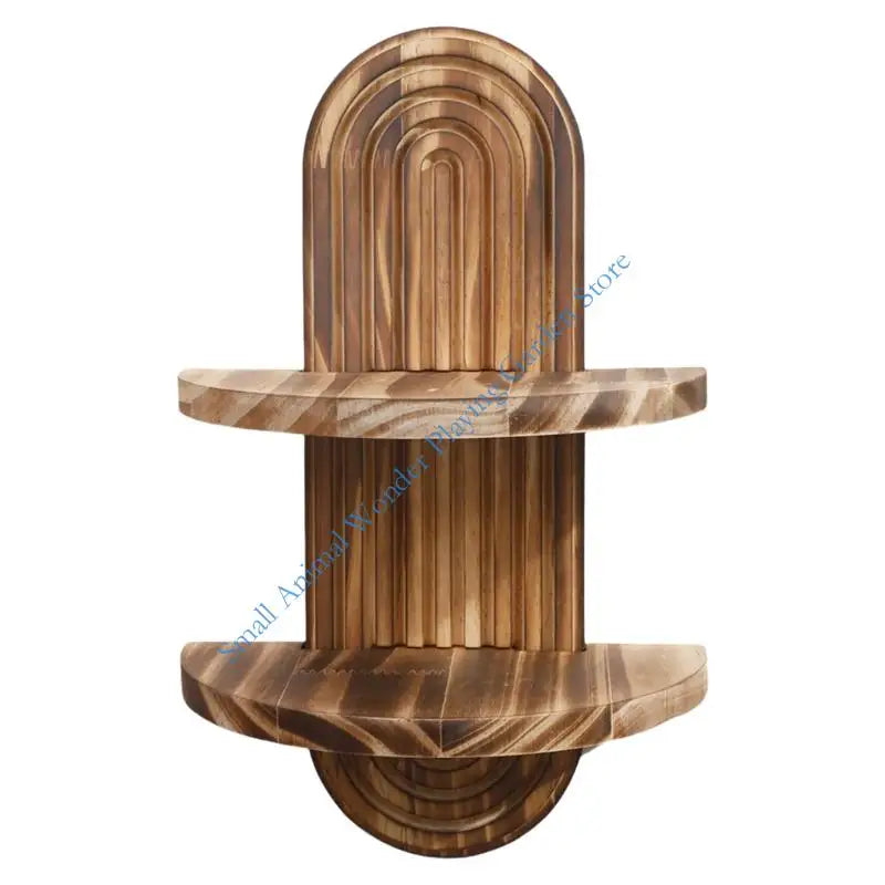 Nutshell wooden wall shelf two tier semicircular shelves with arched back and rustic wood grain finish