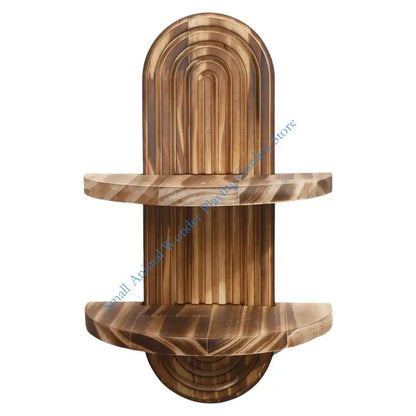 Nutshell wooden wall shelf two tier semicircular shelves with arched back and rustic wood grain finish