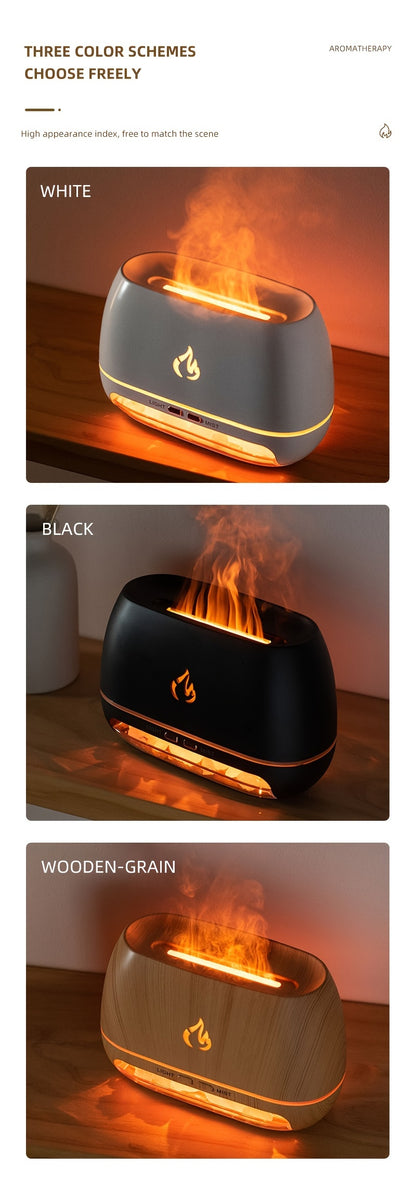Nutshell salt stone flame diffuser in white, black, and wooden-grain finishes with adjustable color schemes