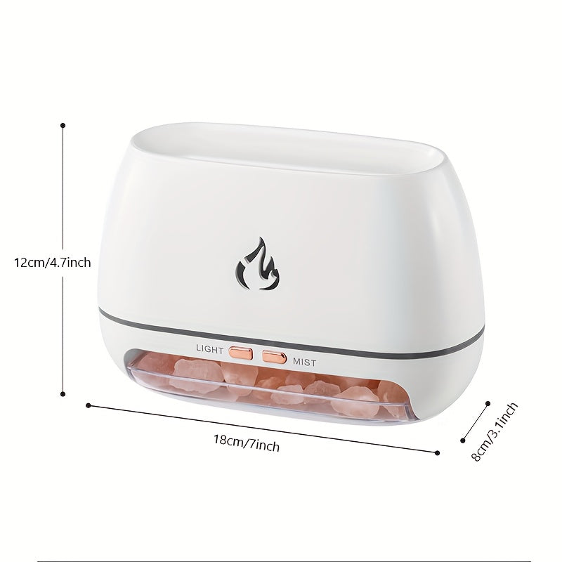 Nutshell salt stone flame diffuser in white with soft lighting and mist settings for a calming atmosphere