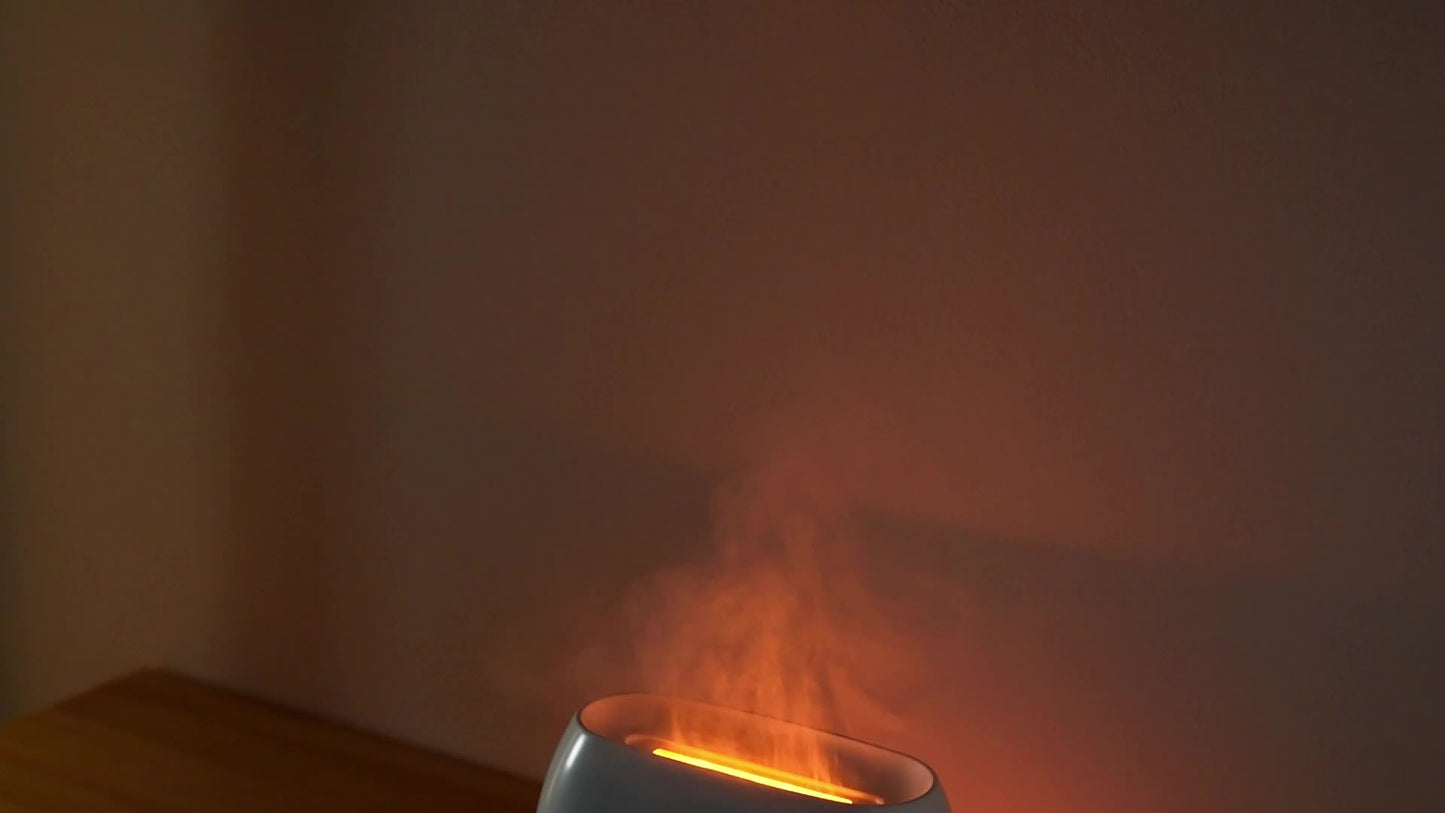 Nutshell salt stone flame diffuser emitting soothing aromatherapy mist with soft glowing light