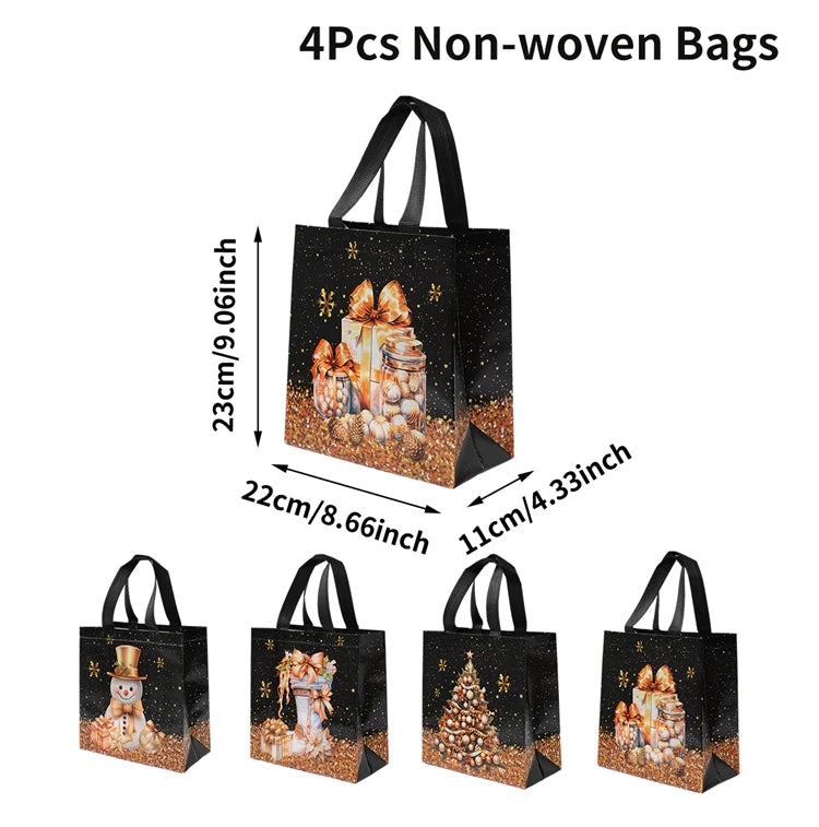 Set of 4 Santa Claus snowman tote bags in festive designs, perfect for holiday gifting