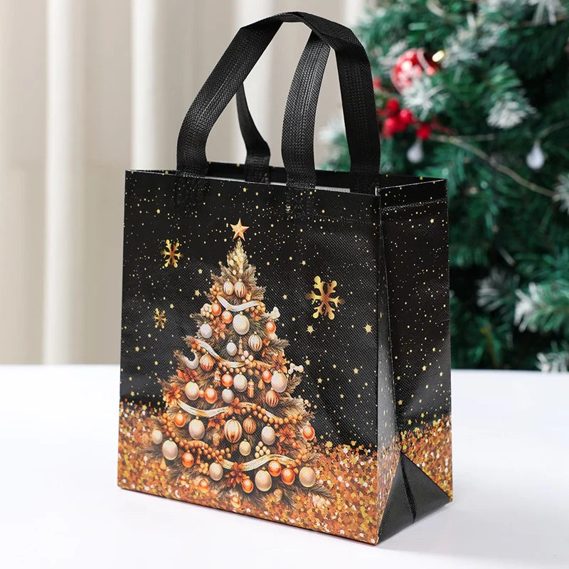 Festive Santa Claus snowman tote bags featuring a decorated Christmas tree design