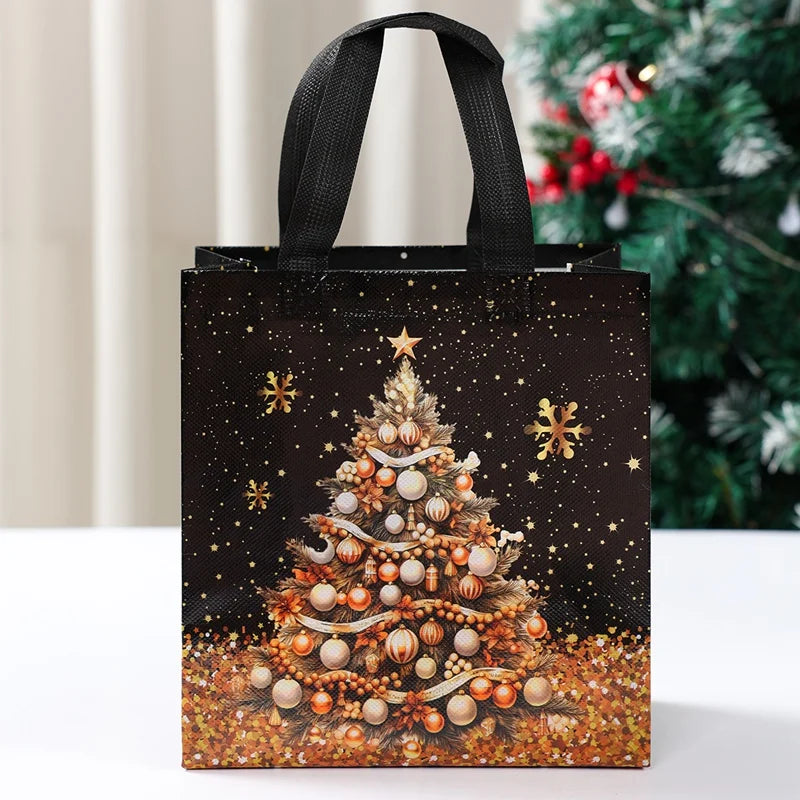 Festive Santa Claus snowman tote bags with a Christmas tree design and decorative ornaments