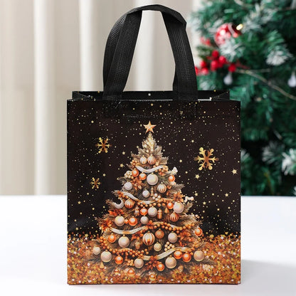 Festive Santa Claus snowman tote bags with a Christmas tree design and decorative ornaments
