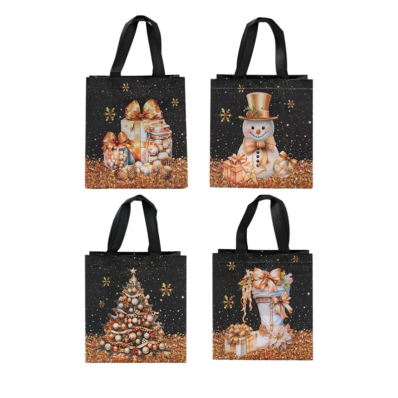 Four Santa Claus snowman tote bags featuring festive holiday designs with gifts and a snowman