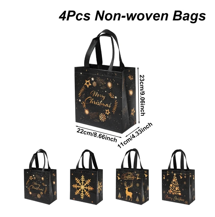Set of 4 Santa Claus snowman tote bags with festive Christmas designs and sturdy handles
