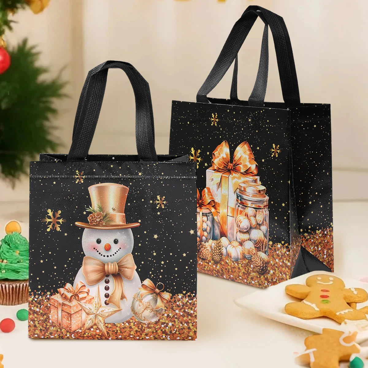 Santa Claus snowman tote bags featuring festive colors and cheerful designs for holiday shopping