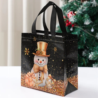 Nutshell Santa Claus snowman tote bags featuring a festive snowman design with glittering gold accents