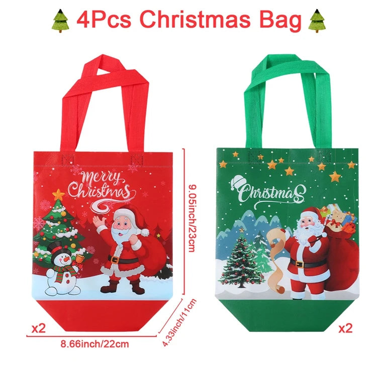 Santa Claus snowman tote bags set of 4 in festive red and green designs perfect for Christmas gifts