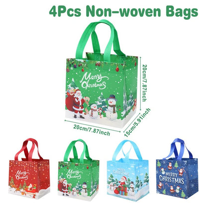 Set of four Santa Claus snowman tote bags in festive designs perfect for holiday shopping