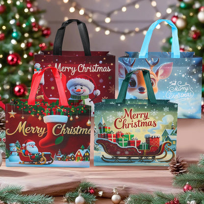 Colorful Santa Claus snowman tote bags with festive designs for holiday shopping and gift wrapping