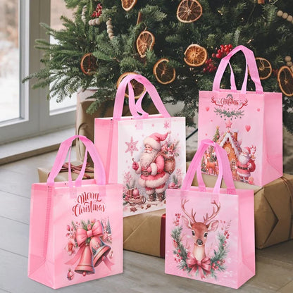 Festive Santa Claus snowman tote bags with colorful holiday designs for Christmas shopping