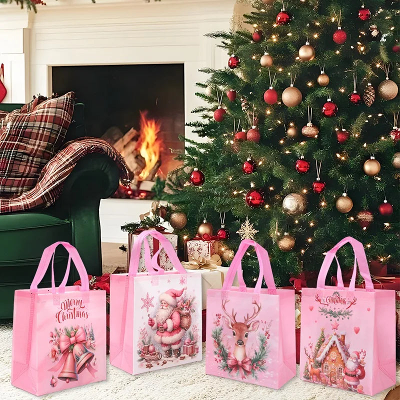 Santa Claus snowman tote bags featuring festive designs for holiday shopping and gift carrying