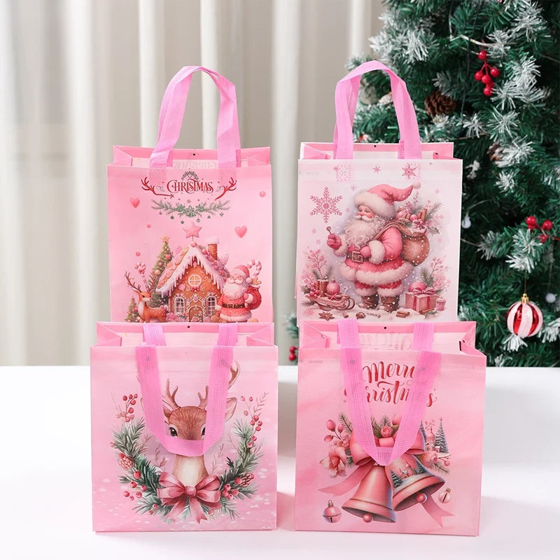 Set of Santa Claus snowman tote bags with festive designs for holiday gifting