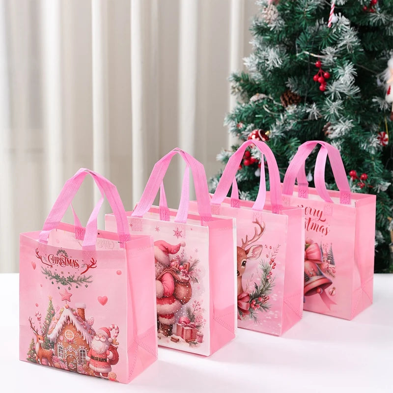 Set of festive Santa Claus snowman tote bags in pink with various holiday designs for seasonal shopping