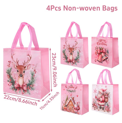 Set of 4 Santa Claus snowman tote bags featuring festive designs with reindeer and Christmas themes