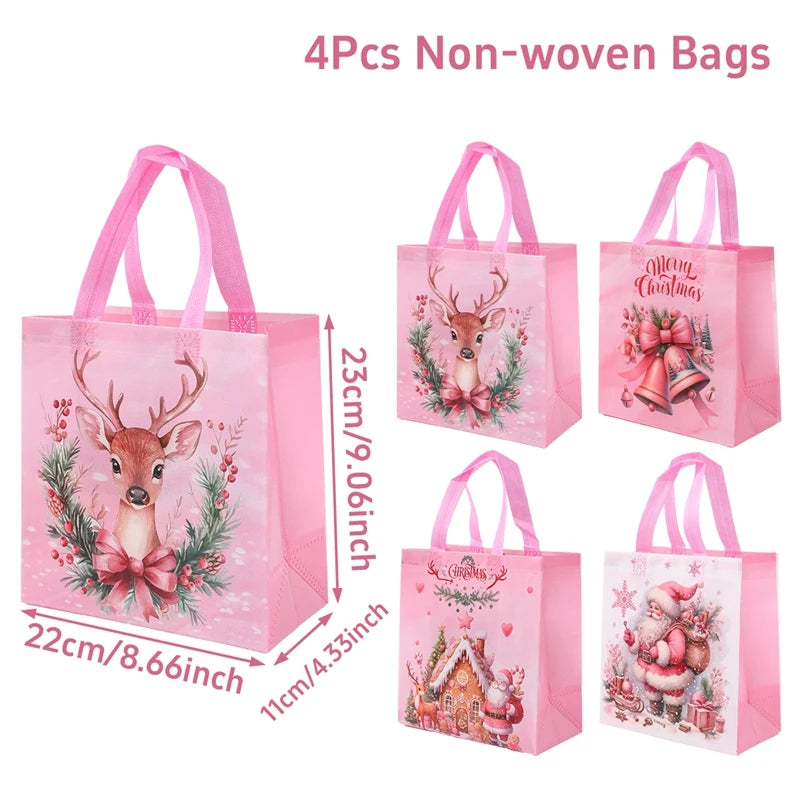 Set of 4 pink non-woven tote bags featuring Santa Claus snowman designs and festive Christmas themes