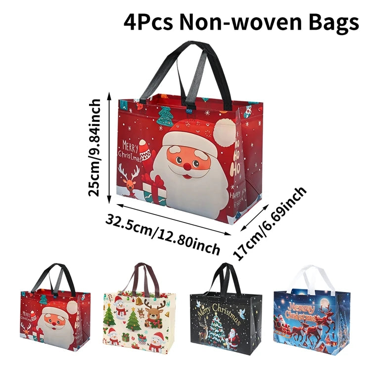Set of 4 Santa Claus snowman tote bags featuring festive designs for holiday shopping