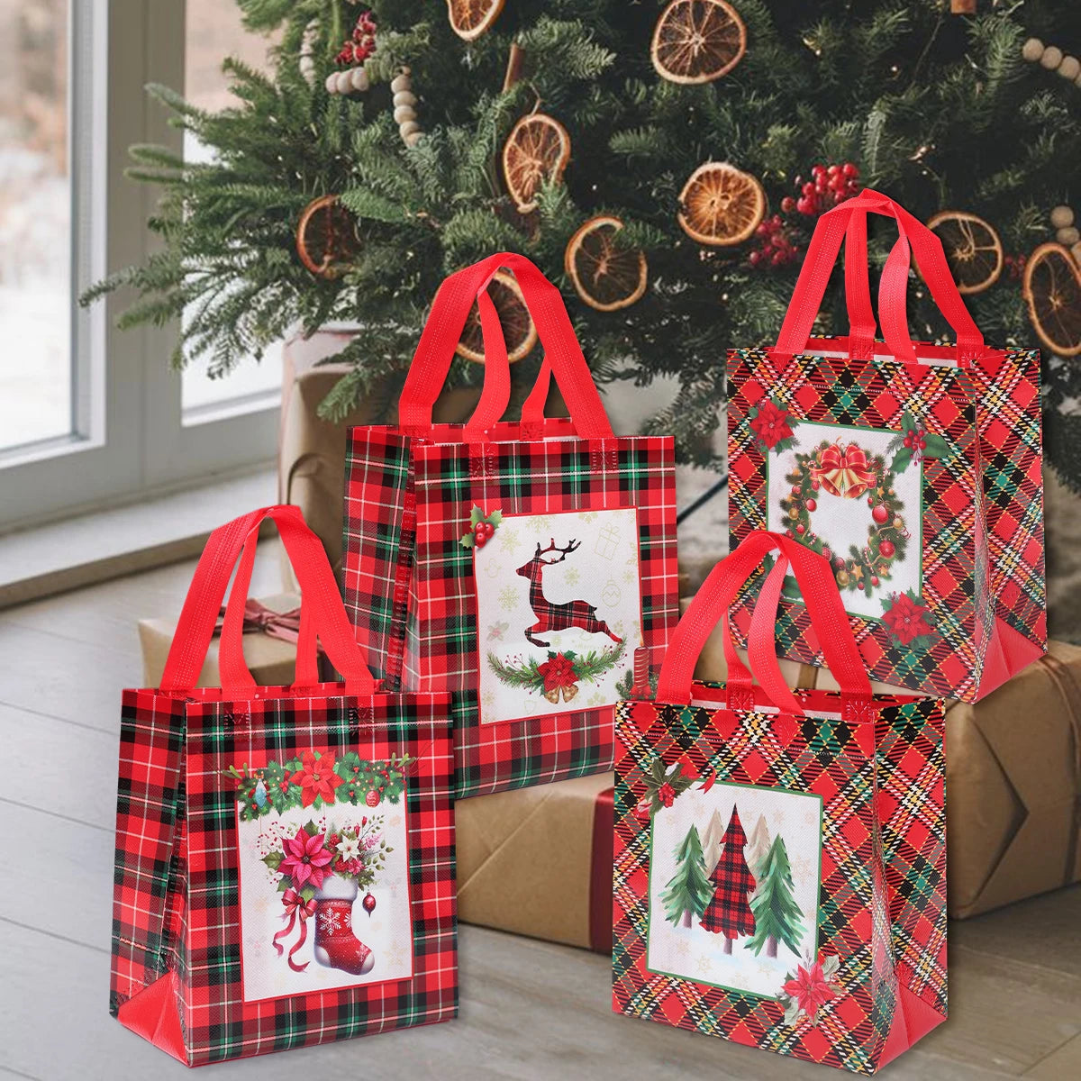Colorful Santa Claus snowman tote bags with festive designs for holiday shopping and gift giving