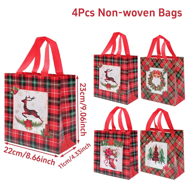Festive Santa Claus snowman tote bags set of four with holiday-themed designs and sturdy handles