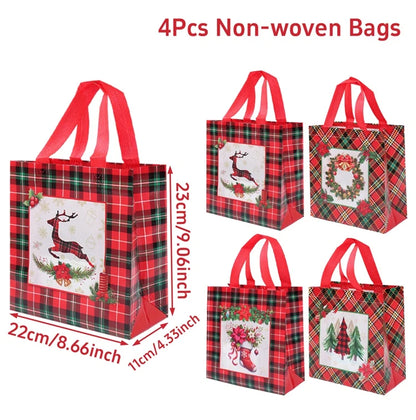 Festive Santa Claus snowman tote bags set of four with holiday-themed designs and sturdy handles