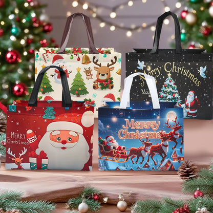 Colorful Santa Claus snowman tote bags featuring festive designs for holiday shopping