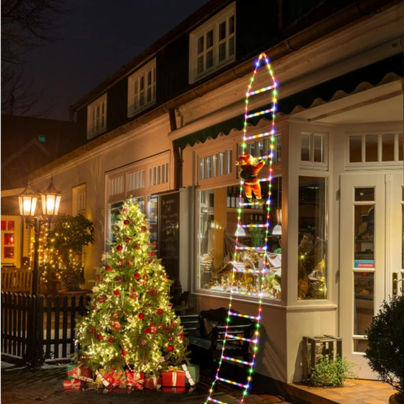 Santa climbing ladder Christmas decoration with colorful lights, enhancing festive holiday ambiance