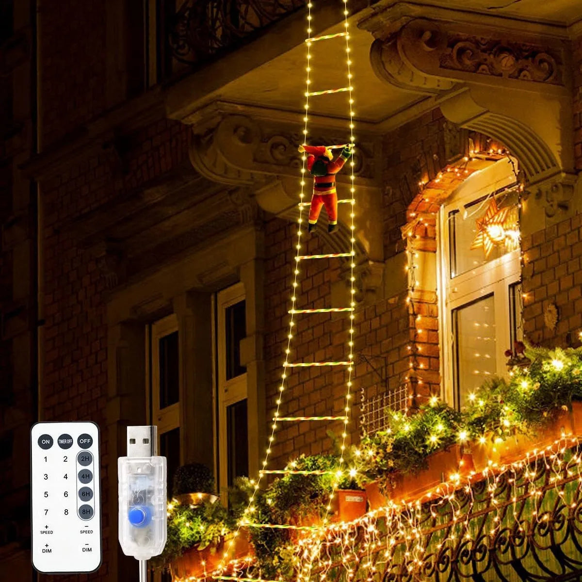 Santa climbing ladder Christmas decoration with LED lights illuminating a festive home exterior