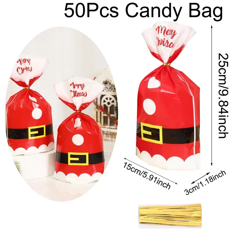 50 pack of Santa gift bags for Christmas 2024 with festive design and gold twist ties