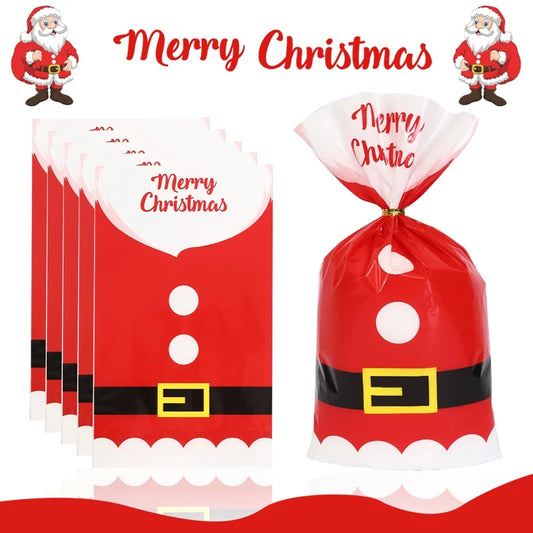 Set of Santa gift bags for Christmas 2024 featuring festive red and white designs with Merry Christmas text