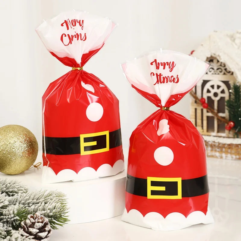 Set of Santa gift bags for Christmas 2024 in red with black belt design and festive text