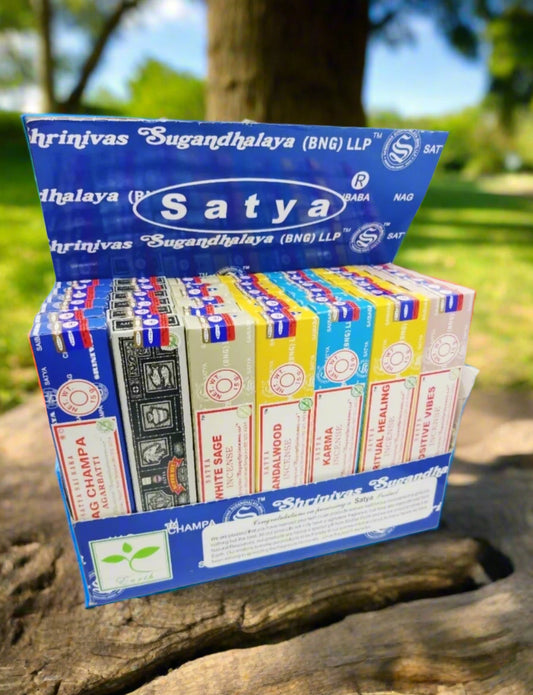 Nutshell box of Satya Incense Sticks in various fragrances for aromatic experiences