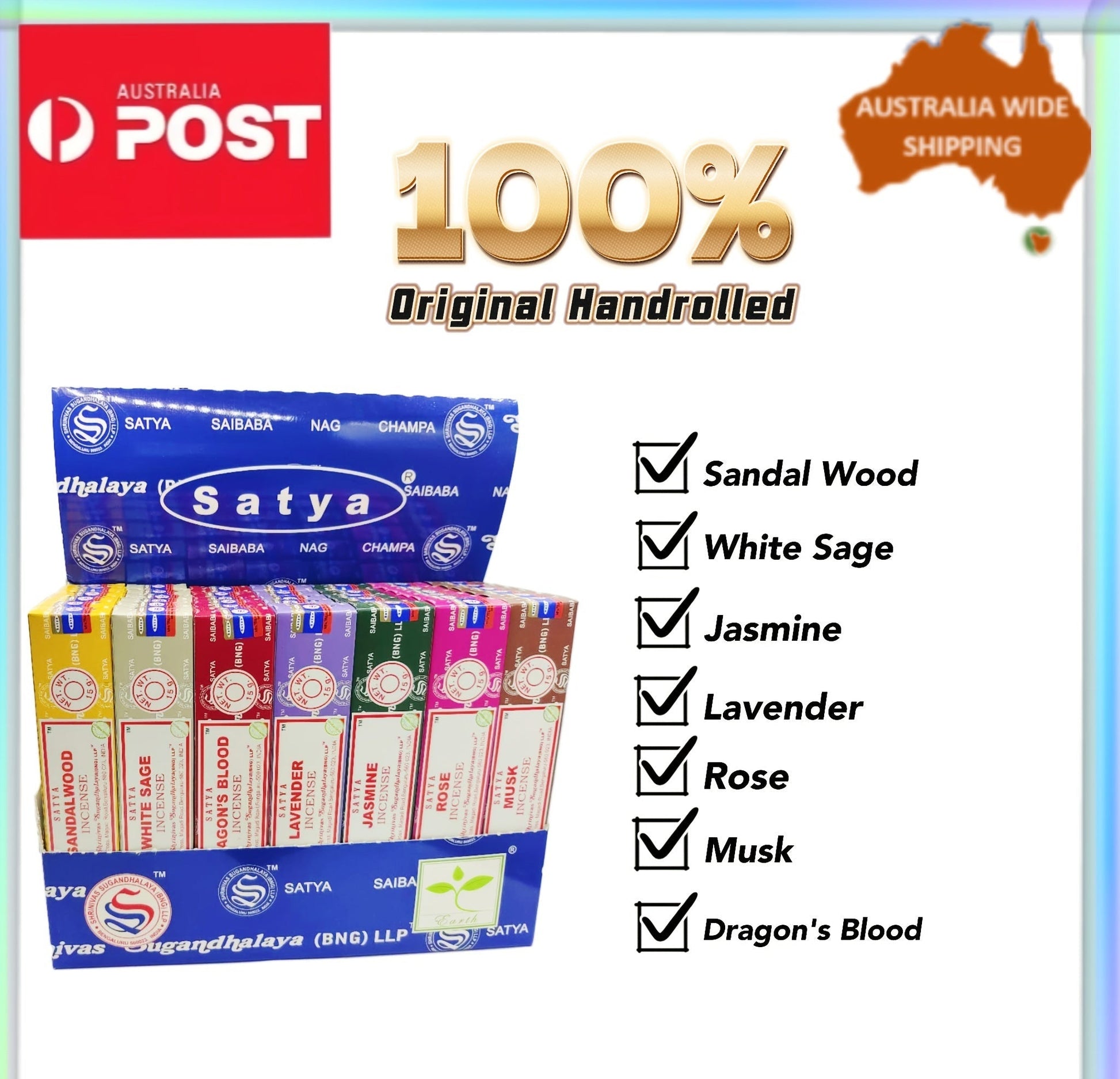 Satya Incense Sticks variety pack featuring sandalwood, white sage, jasmine, and more with free holder