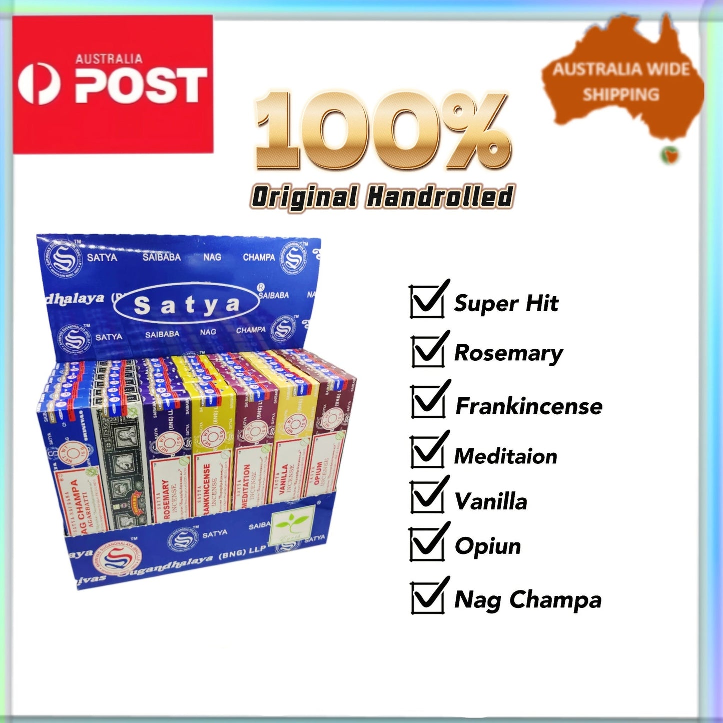 Satya Incense Sticks assorted pack featuring Super Hit, Rosemary, and Nag Champa scents for relaxation