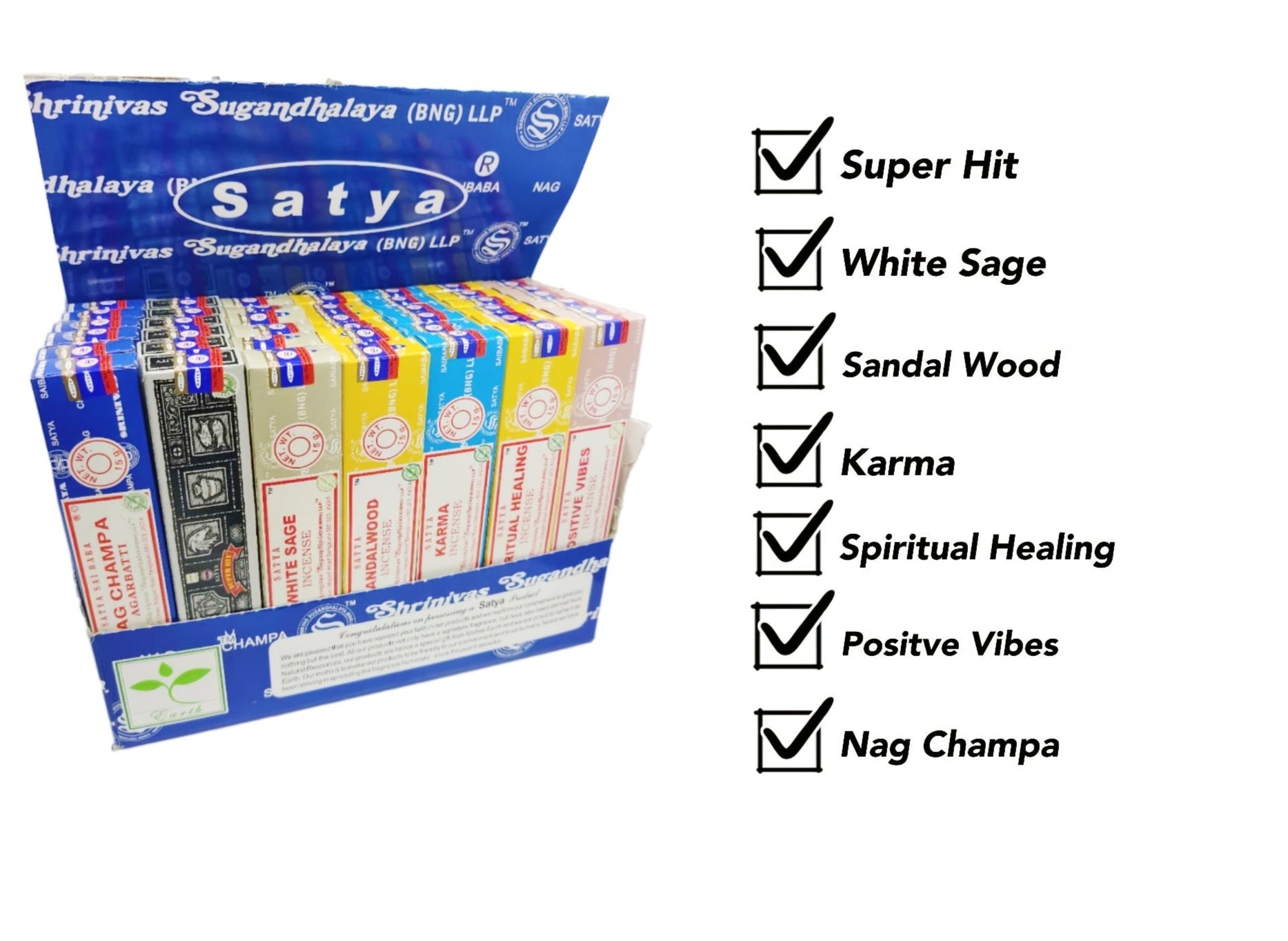 Nutshell Satya Incense Sticks assortment with flavors like White Sage and Nag Champa in colorful packaging