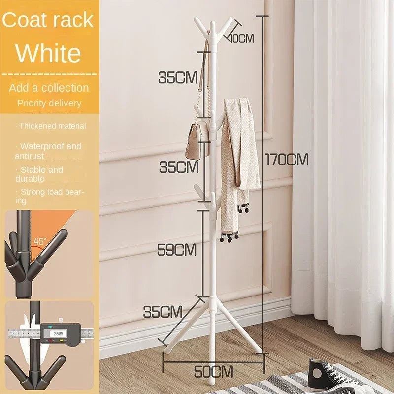 Nutshell white tree branch coat rack in living room with scarf and bag tripod base and dimension labels