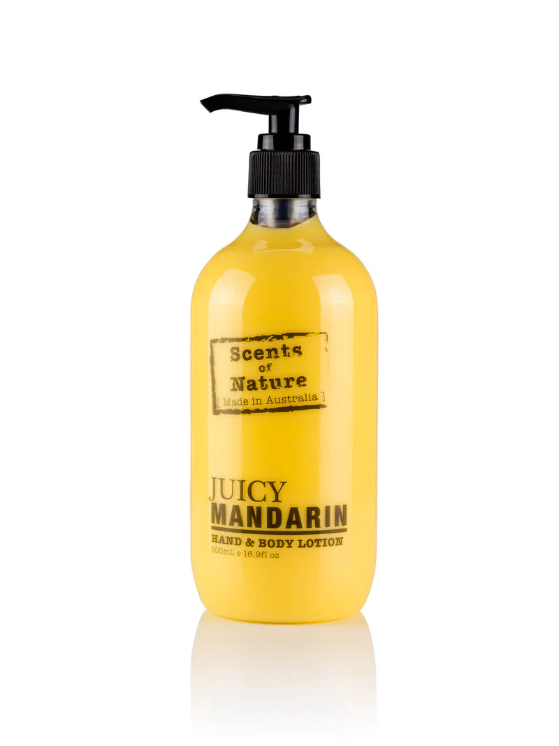 Nutshell Scents of nature Body Lotion Juicy Mandarin hand and body lotion in a yellow pump bottle