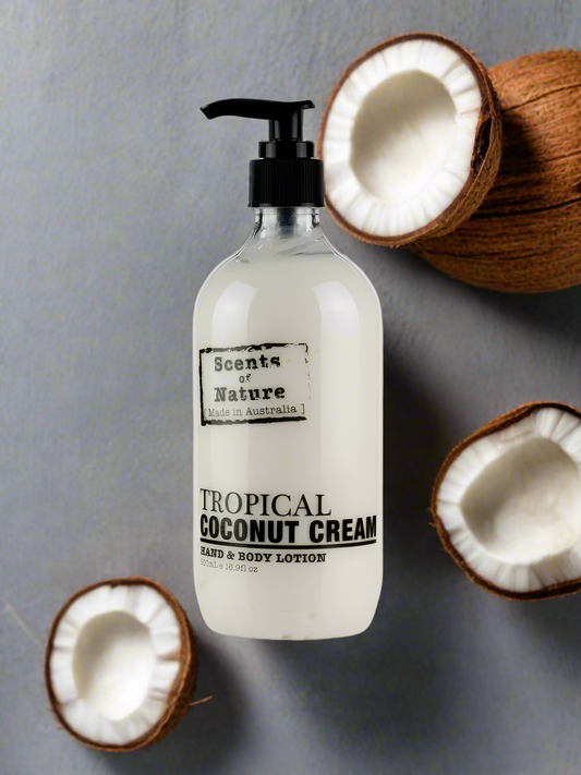 Nutshell Scents of nature Body Lotion Tropical Coconut Cream in a pump bottle with fresh coconut halves
