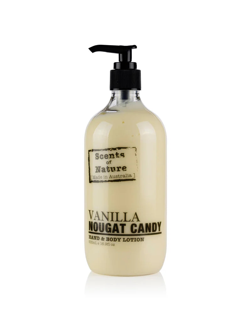 Nutshell Scents of nature Body Lotion Vanilla Nougat Candy hand and body lotion bottle with black pump