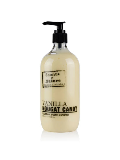 Nutshell Scents of nature Body Lotion Vanilla Nougat Candy hand and body lotion bottle with black pump