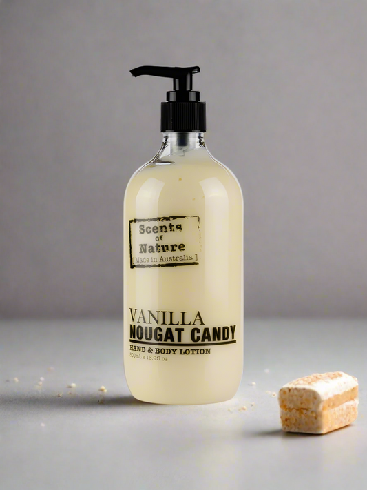 Nutshell Scents of nature Body Lotion Vanilla Nougat Candy hand and body cream in clear pump bottle